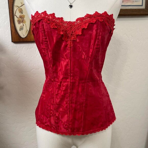 Vintage Y2K Gothic Valentines Red Lace Satin Size Clasp Corset Top - Picture 4 of 8